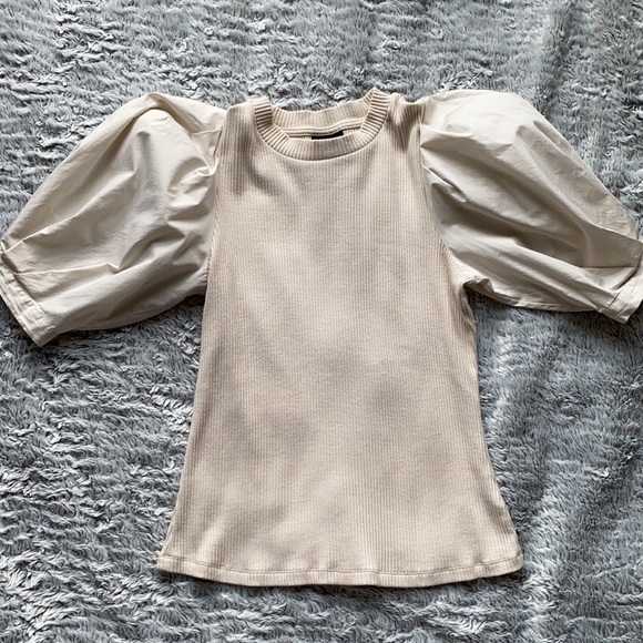 WHO WHAT WHERE Cutie Cream Color Balloon Sleeve Ribbed Top Size Extra Small XS - Picture 3 of 8